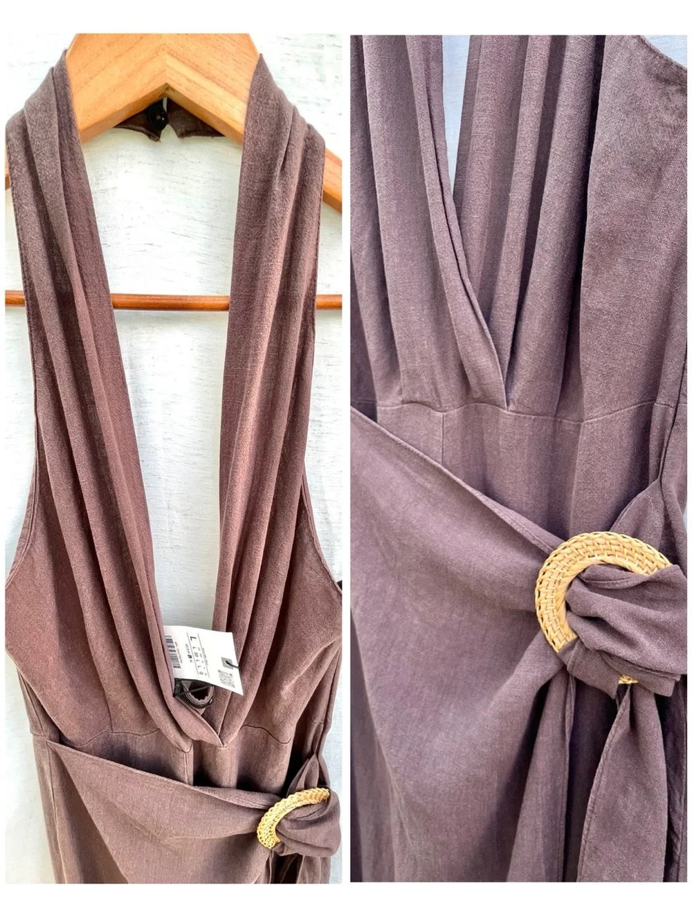 Zara Rami Jumpsuit Halterneck Crossover V-Neck Pareo w Buckle Open Back Brown L